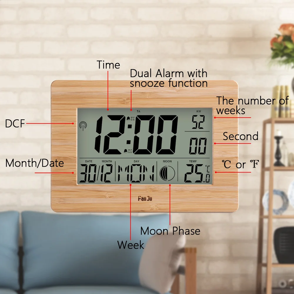 FanJu FJ3530 LCD Digital Wall Clock Alarm Big Size Number Multifunction Temperature Table Clocks Bedside thermometer Large clock 4