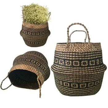 

Handmade Bamboo Storage Baskets Foldable Laundry Straw Patchwork Wicker Rattan Seagrass Belly Garden Flower Pot Planter Basket