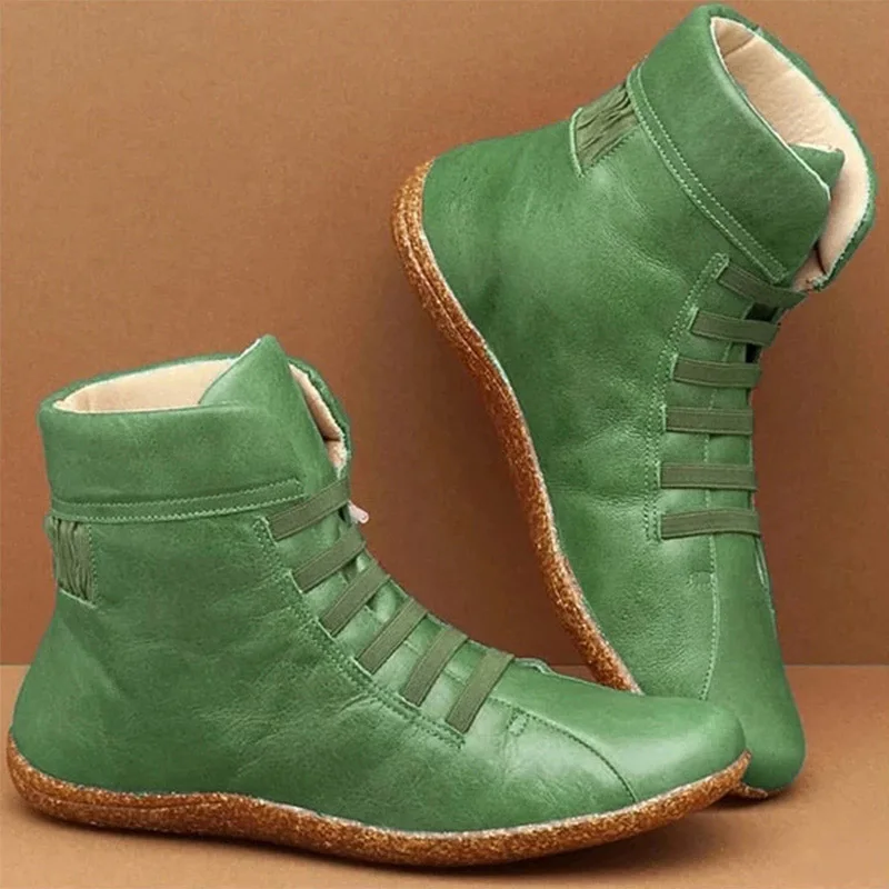 green HFD0872 Женские ботильоны из искусственной кожи в винтажном стиле на плоской подошве размера плюс; женская повседневная обувь с перекрестными ремешками; женская обувь на платформе; Botas Mujer - Цвет: green HFD0872
