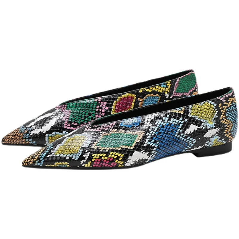 New Lady Snakeskin Pattern New Hot V Cut Elegant Women Shoe Fashion Woman's Flats Genuine Leather Ladies Shoes Casual Shoes C353 5