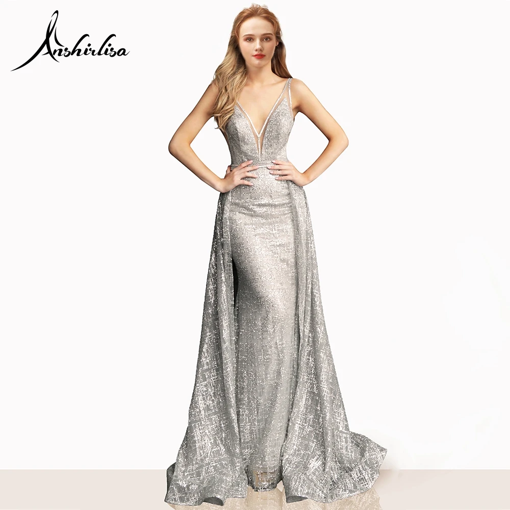 Anshirlisa женское сексуальное роскошное блестящее Серебряное Вечернее Платье с открытой спиной, длинное фатиновое платье Русалочки