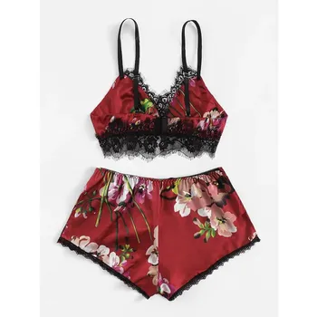 

Sexy Women Lace Trim Floral Satin Ribbon Lingerie Set Sleeveless V Neck Cami Pajamas For Women Bras and Shorts Pajama Set @5
