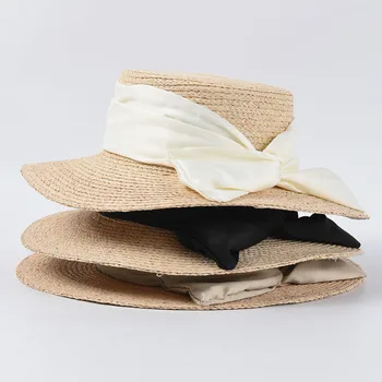 

2020 Summer Flat Straw Hats Women Vacation Sun Hat with bow wide brim caps