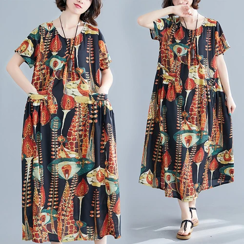 

2019 Spring Summer Fat Loose Literary Art Fashion Exquisite Printed Round Collar Women Dress New Style Xl Female Elegant Dresses