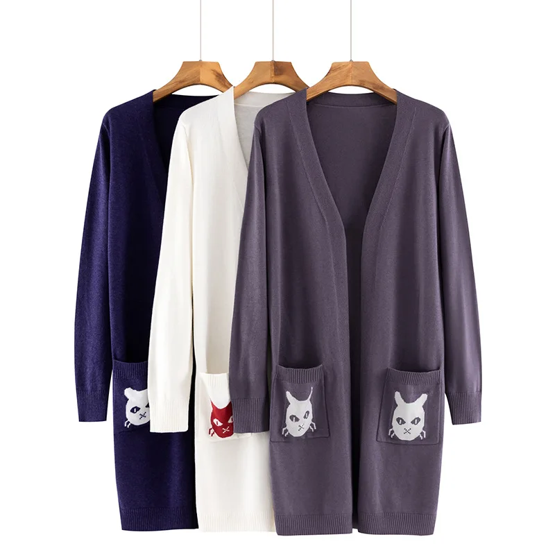 

Ladies Wool Cashmere Cardigans 2019 Korean Solid Open Stitch Women Sweater Cute Cat Embroidery Pocket Long Cardigans Outerwear