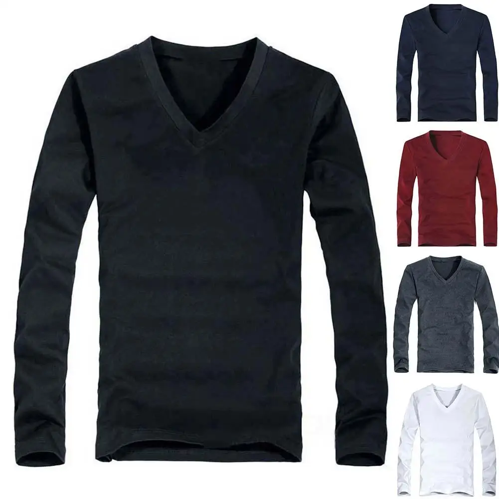 

Casual Men Solid Color Long Sleeve V Neck Cotton Pullover Plus Size Slim T-shirt premium cotton and spandex wear comfortably
