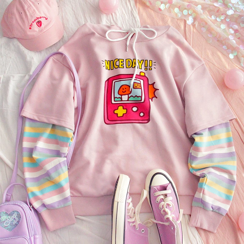 

Autumn Fake two Piece Hoodie Sweatshirt Girls Loose Student Cute Pink Striped Splice Soft Sister Pullover Tops Coat Mori Girl