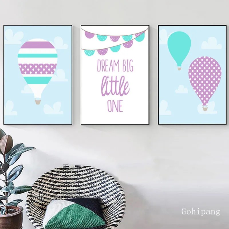 Baby-Girl-Nursery-Art-Hot-Air-Balloon-and-Dream-Big-Little-One-Quote-Nordic-Posters-Wall (1)