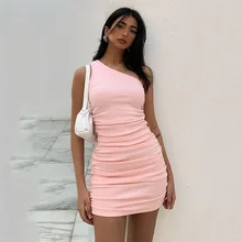 

Women Elegant Tight-fitting Dress Lady Sexy Sleeveless One Shoulder Pleated Sheath Mini Short Skirt Women Summer Dress