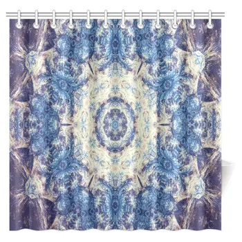 

Mandala Shower Curtain, Blue Fractal Mandala Vintage Abstract Floral Ornamental Art Bathroom Decor Set with Hooks, Extra Long