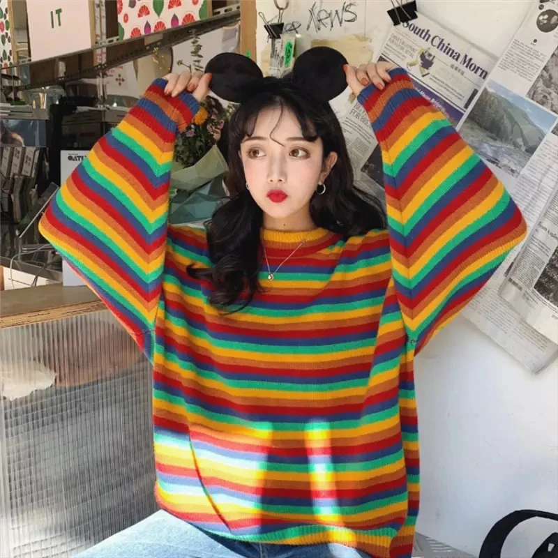 

Female Korean Harajuku Hong Kong-flavored Loose Rainbow Stripe Sweater Women's Pullover Sweaters
