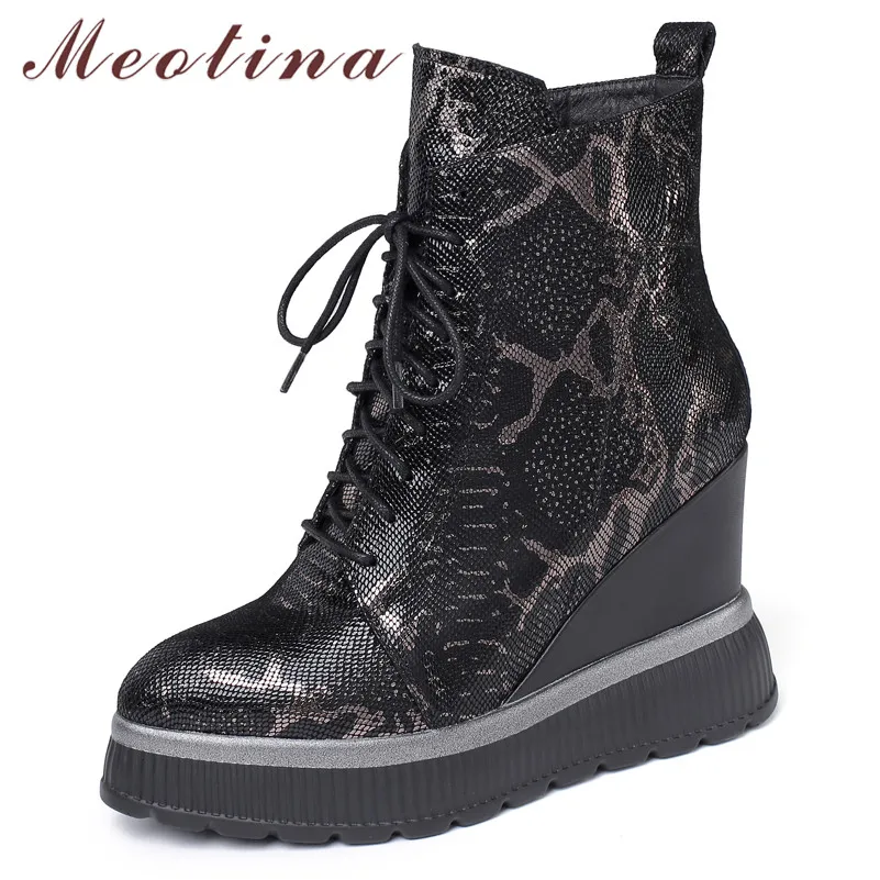 

Meotina Winter Sheepskin Ankle Boots Women Genuine Leather Platform Wedge High Heel Short Boots Zip Round Toe Shoes Lady Autumn