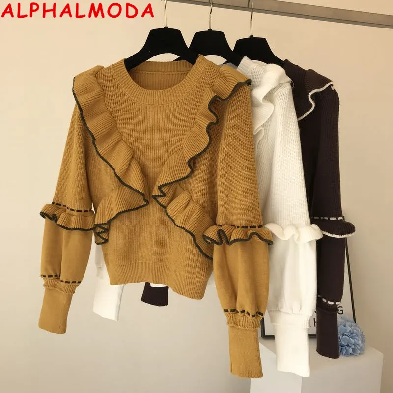 ALPHALMODA, милый свитер с оборками, женский зимний теплый стильный топ с оборками