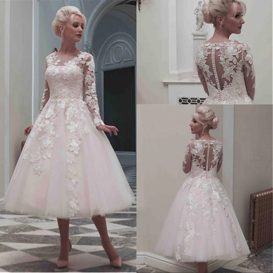 

Elegant Tulle Jewel Neckline Long Sleeves Tea-length A-line Wedding Dress With Venice Lace Appliques robe de mariee 2019