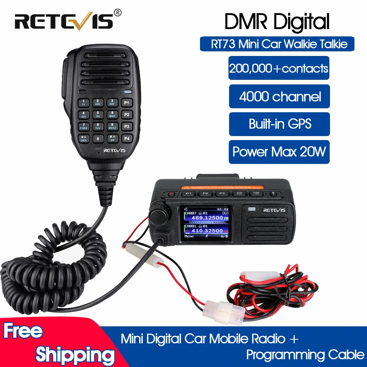 Pre-Sale Retevis RT73 DMR Digital Mobile Radio GPS UV Dual Band 20W Mini Digital Car Radio Station with Hand Microphone + Cable