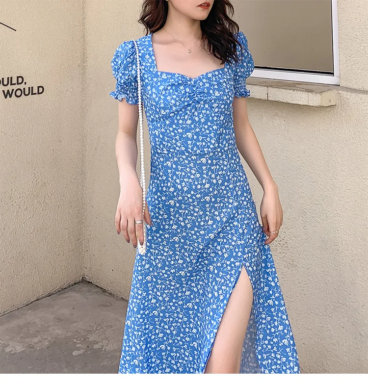 Summer Party Wrap Dress Vintage Blue Print Floral Sexy Slit Beach Holiday Dresses Ladies Vestidos