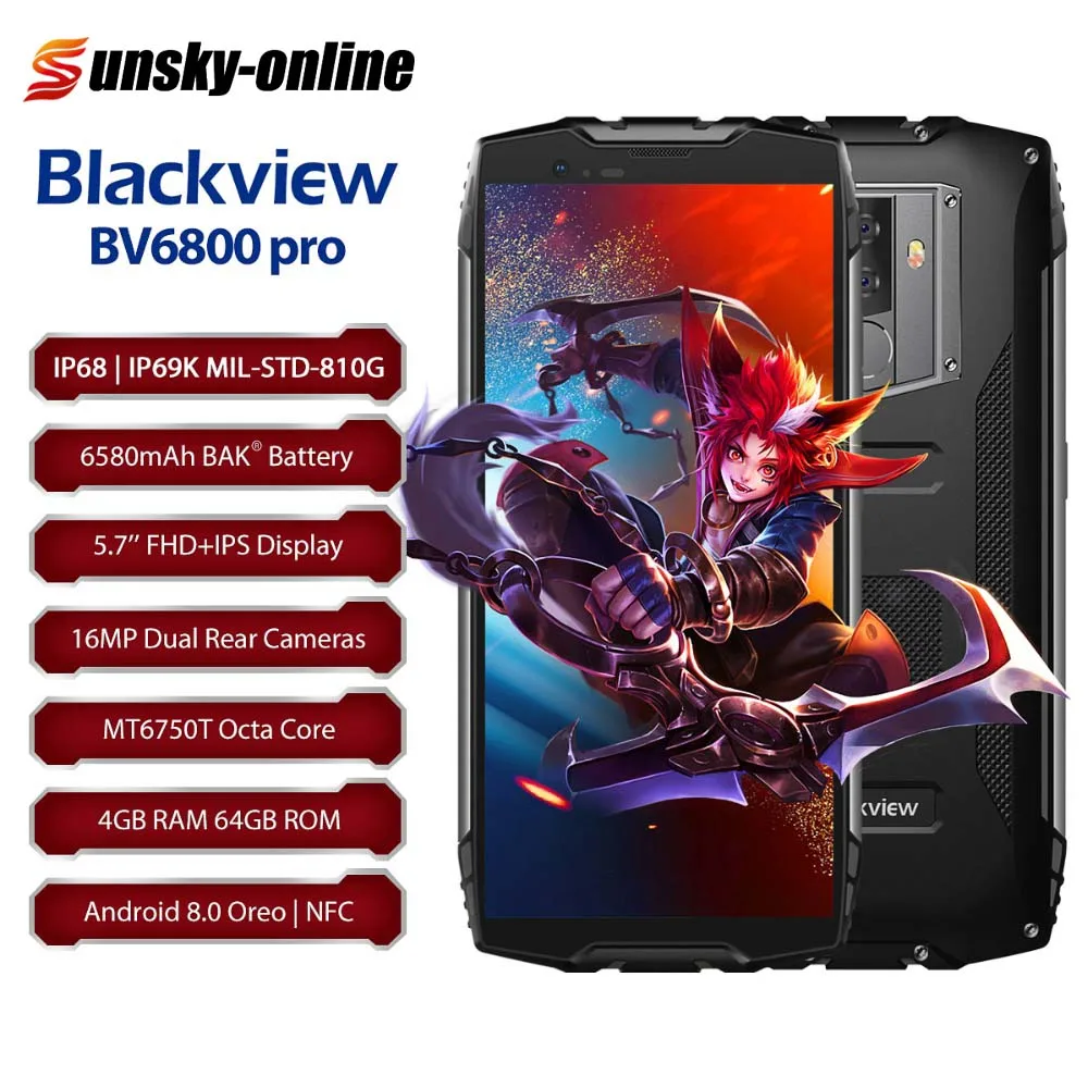 Blackview BV6800 Pro Прочный смартфон 6580 мАч 4 Гб + 64 5 7 ''MTK6750T Восьмиядерный 4G мобильный