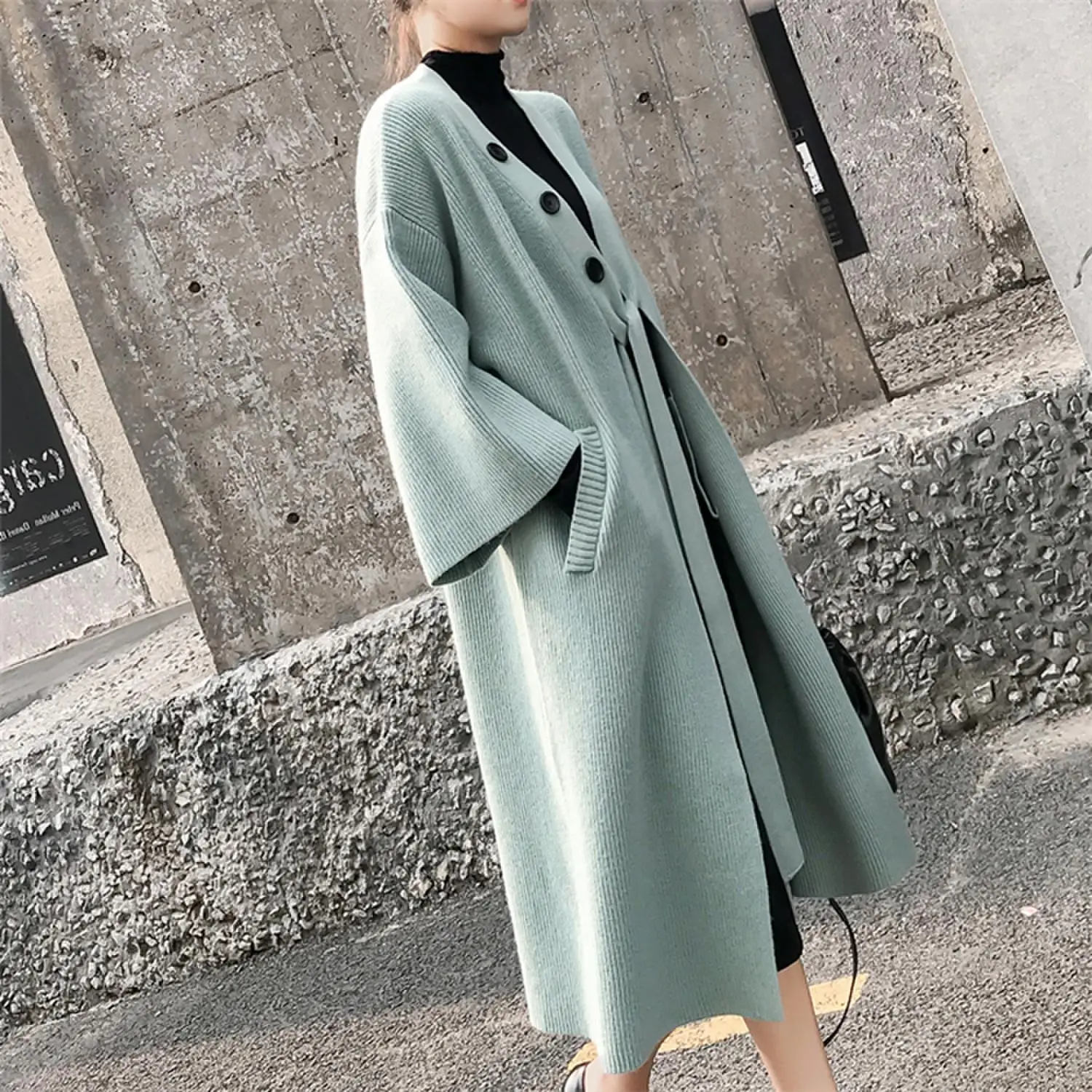 

Lace Up Korean Sweater Cardigan Women 2020 Autumn Winter Pocket Buttons Design Casual Flare Sleeve Knit Sweater Coat Midi Long