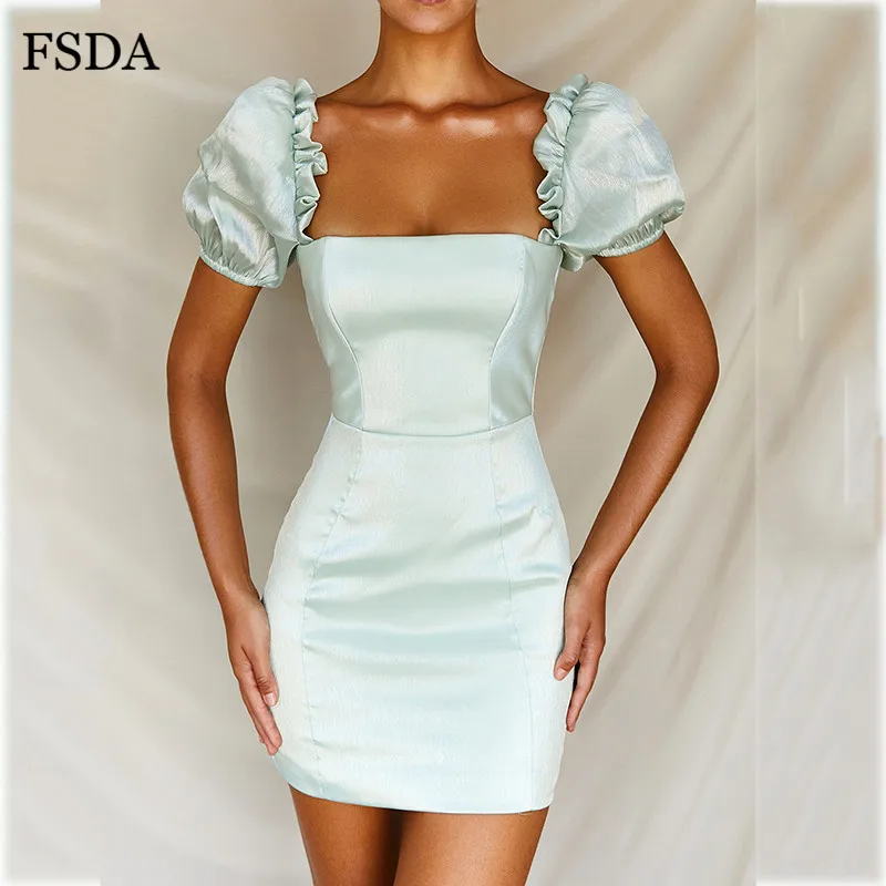 FSDA облегающее Мини Летнее платье с квадратным вырезом женское Модное пышное платье с открытой спиной повседневное элегантное белое атласное платье с рюшами