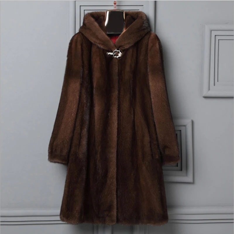 Высококачественный норковый меховой жакет плюс размер S-6XL меховое пальто; Парка женская зимняя длинная утолщенная меховая шуба уличная одежда A1131 - Цвет: brown