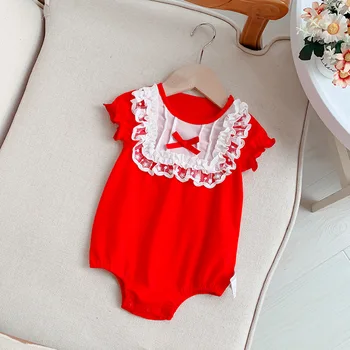 

Newborn Baby Summer Rompers Lace Bow Ruffle Sleeve One-Piece Baby Girl Romper Red Party Wedding Infant Crawling Clothes 6-24M