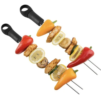 

6Pcs Stainless Steel BBQ Skewers with Plastic Handle Reusable BBQ Fork Meat Skewers Sticks for Outdoor Picnic BBQ (Black)