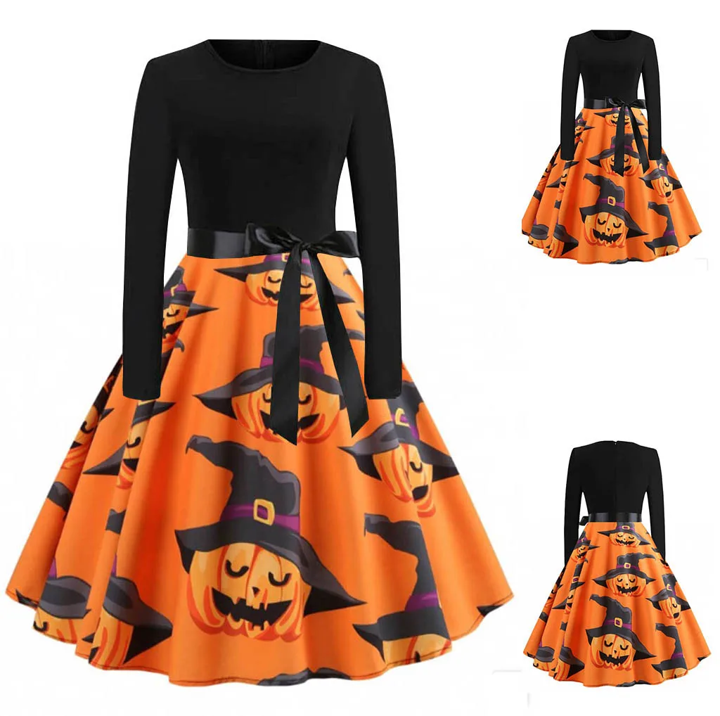 

Fancy Pumpkin Printed Halloween Dress Long Sleeve Mid Length Princess Swing Dress Ladies Costume for Festival Party Dress 9m4