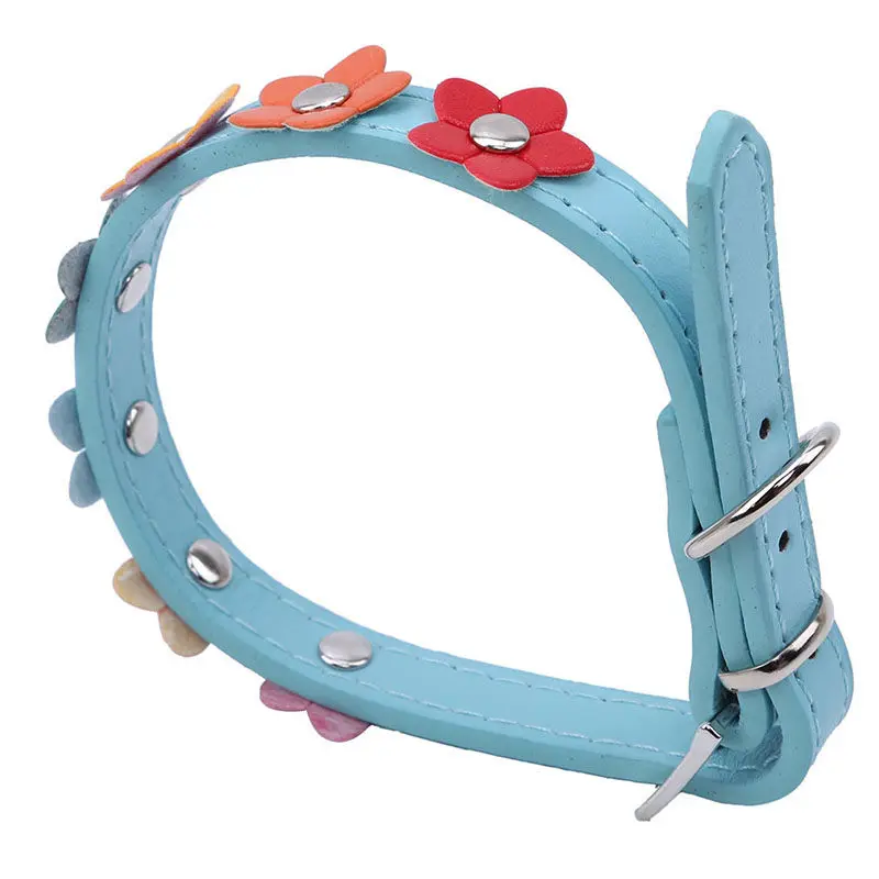 Creative Sweet Flower Studded PU Leather Cat Collar Pet Small Dog Buckle Neck Strap Pet Collar Colorful Flower Dog Collar