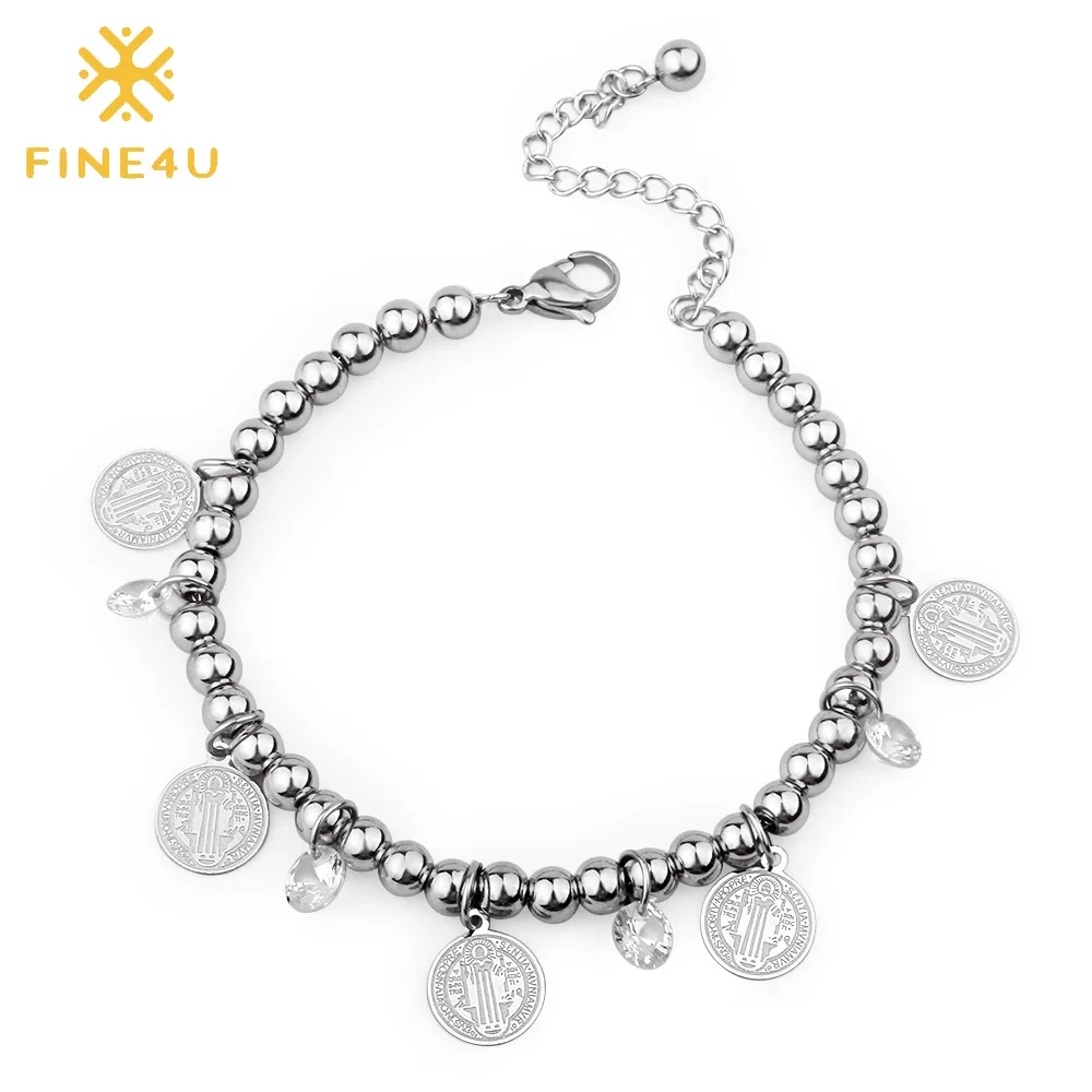 

FINE4U B181 Christian Jesus Charms Bracelet Adjustable Stainless Steel Beaded Bracelets For Crucifix Rosary Jewelry