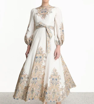 

vintage printed Bohemian long Runway Dresses Women 2020 Spring Summer Lantern Sleeve belt Holiday o-neck midi Dress S206