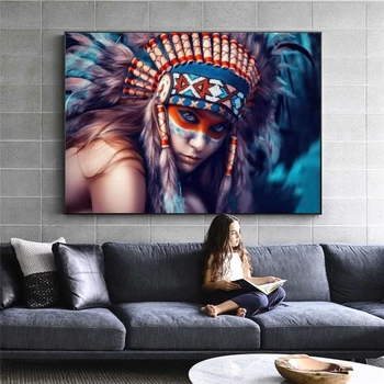 

Indian Body Art Canvas Painting Girl with Feather Colorful Pop Art Canvas Prints Portrait of Indian Wall Picture for Living Room