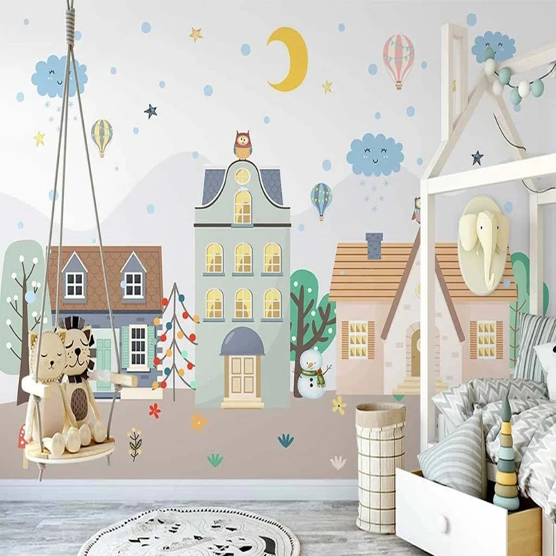 Nordic Ins Cartoon Town Fresh Hot Air Balloon Photo Wallpaper 3D Wall Mural Living Room Kids Bedroom Backdrop Wall Cloth Decor 3255 7 5ft happy birthday cartoon backdrop baby shower kid birthday photography background