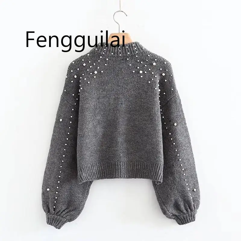 FENGGUILAI Pearl Turtleneck Autumn Winter Knitted Sweater Women Lantern Sleeve Loose Solid Pullover Girls Soft Warm Casual Jumpe FENGGUILAI Pearl Turtleneck Autumn Winter Knitted Sweater Women Lantern Sleeve Loose Solid Pullover Girls Soft Warm Casual Jumpe