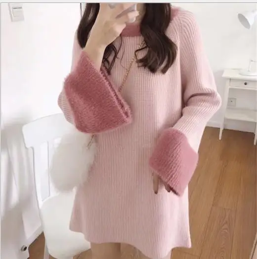 Pink Милое женское вязаное платье с расклешенными рукавами женский свитер с круглым вырезом пуловеры осень зима свободный джемпер женский свитер H091 - Цвет: Pink