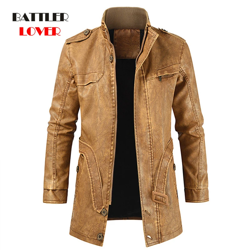 Men Winter Thick Fleece Leather Jacket Coat Long Outwear Fashion Warm Casual Vintage Clothing for Male Steampunk Biker Jacket