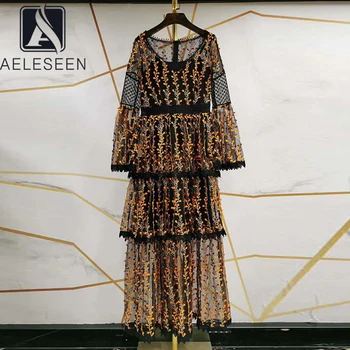 

AELESEEN Runway Fashion Maxi Dress Women 2020 Spirng SUmmer Long Sleeve Floral Embroidery V-Neck Plus Size Holiday Dress