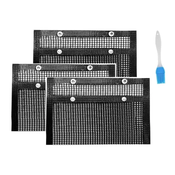 

3 Pcs BBQ Grill Mesh Bag with Silicone Brush, Non-Stick BBQ Baked Grilling PTFE Bag for Outdoor Picnic Cooking Barbecue