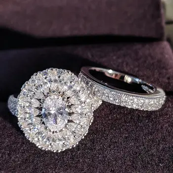 

2020 new luxury halo 925 sterling silver wedding ring set for women lady anniversary gift jewelry drop shipping R5170