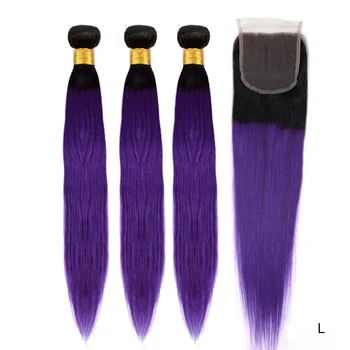 

Ombre Purple Bundles With Closure Brazilian Remy Straight Hair Bundles With Closure 1B/Purple Human Hair Bundles With Closure