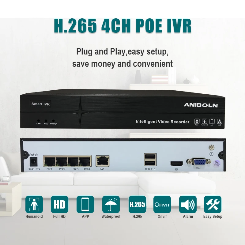 ANIBOLN 4CH 5MP POE NVR для POE IP камера CCTV NVR 48 В PoE для H.265 IP камера P2P ONVIF сетевой видеорегистратор
