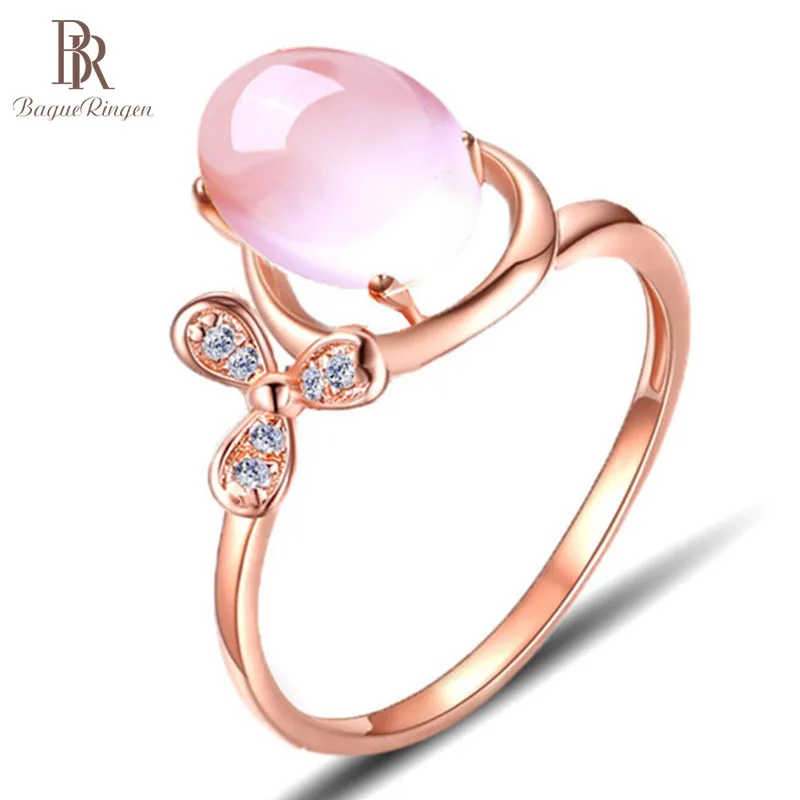 

Bague Ringen 925 Silver Jewelry Rings With Created Oval Pink Rose Quartz Woman Ring Rose Gold Color Romantic Wedding Band