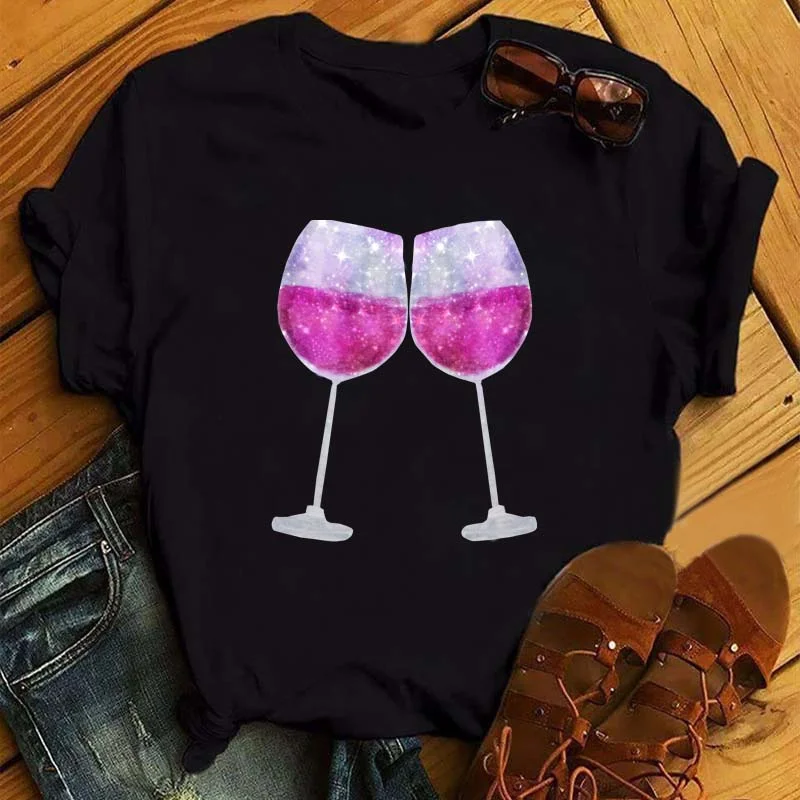 Maycaur T-Shirt Women Rose Gold Wine Glasses Print White and Black T-Shirt Summer Casual Loose Plus Size T Shirt Female Tops Tee cute summer crop tops Tees