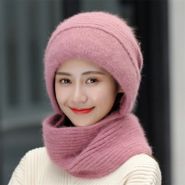 dark pink Новые зимние Для женщин Головные уборы Skullies Шапки в сочетании с шарфом леди Однотонная одежда, вязаная шапка бини с наушниками, женская теплая шапка на открытом воздухе с кроличьим мехом береты-кепки - Цвет: dark pink
