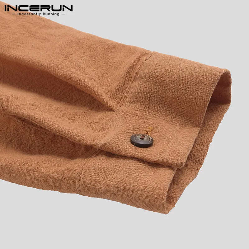 INCERUN Vintage Men Shirt Long Sleeve Retro Cotton Linen Button Chinese Style Casual Camisa Masculina V Neck Solid Shirts