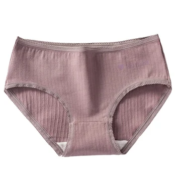 

Cotton Women Antibacterial Panties Solid Color Simple Hip Lace Middle Waist Girl Briefs New