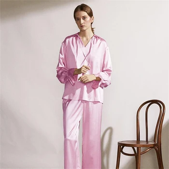 

HiLoc Flare Sleeve Pink Satin Pajamas Set Solid Two Piece Set Women Sleepwear Silk V Neck Home Suit Chic Homewear Night Winter