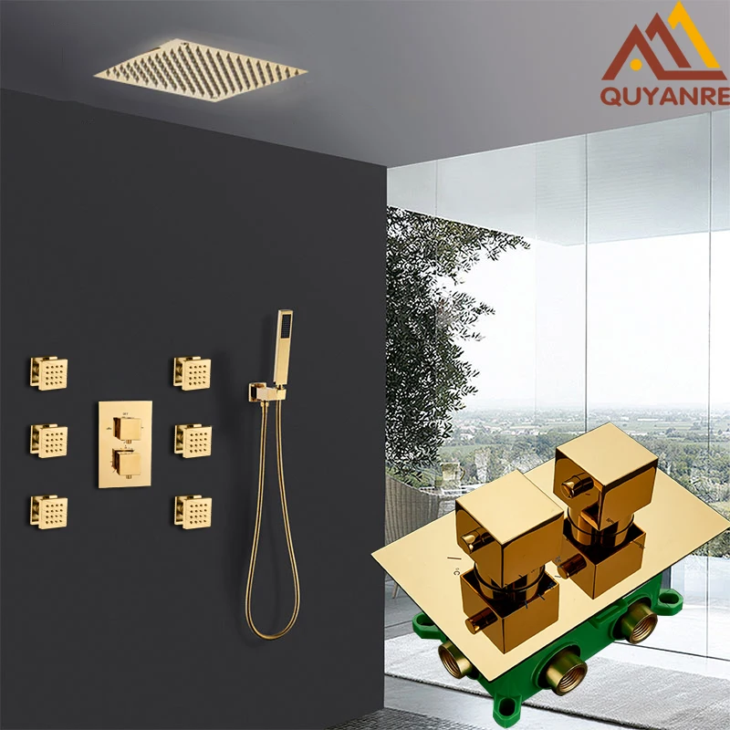 quyanre wanfan gappo golden thermostatic shower faucet set ultrathin rainfall gold shower head with 3-way thermostatic wall mounted mixer tap 6pc massage spa jets handshower bath shower mixer faucet5