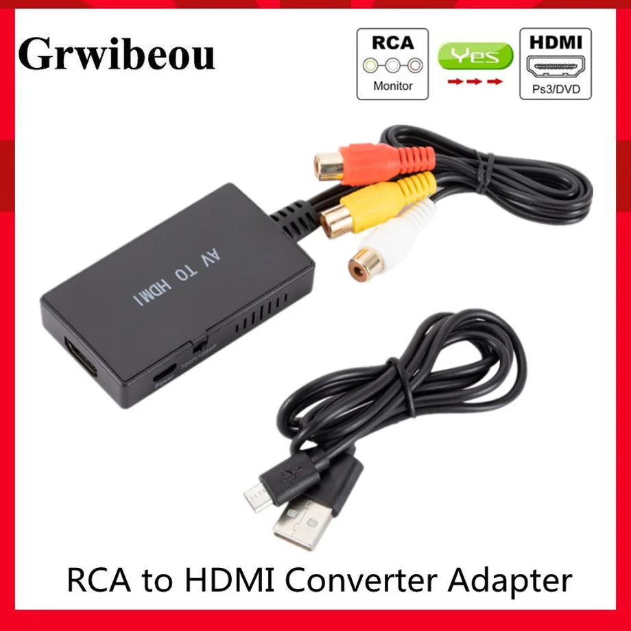 Конвертер Grwibeou RCA в HDMI, композитный адаптер HDMI 1080P PAL/NTSC, совместимый с PS One,PS2,PS3,STB,XBOX,VHS,Blu-Ray DVD