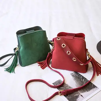 

Vintage Small Women Tassel Bucket Bag Fashion Solid Color Tassel Bucket Shoulder Bag Handbag Crossbody Pouch сумка женская