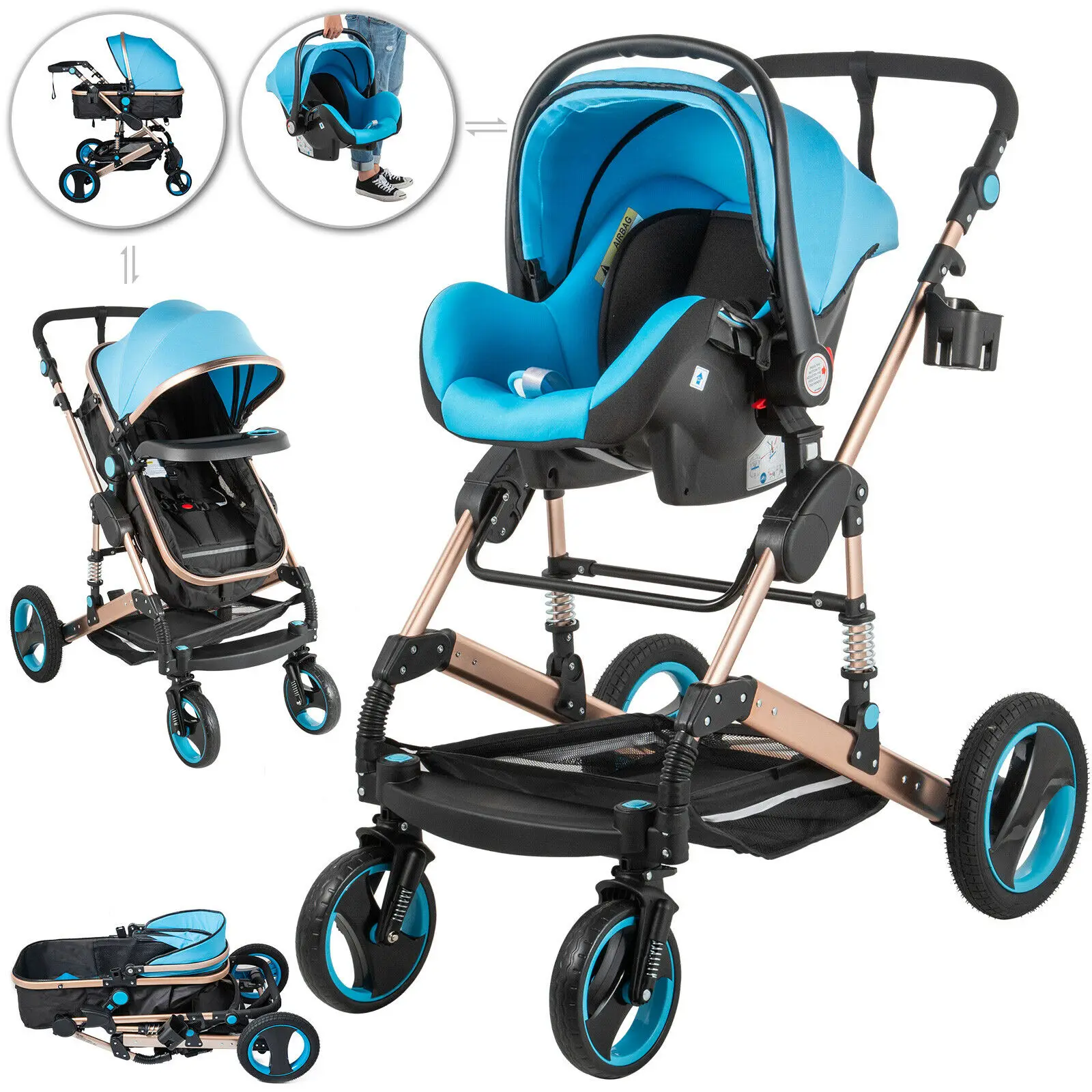 

Baby Stroller Anti-Shock Springs High View Pram Baby Stroller 3 in 1 with Baby Basket